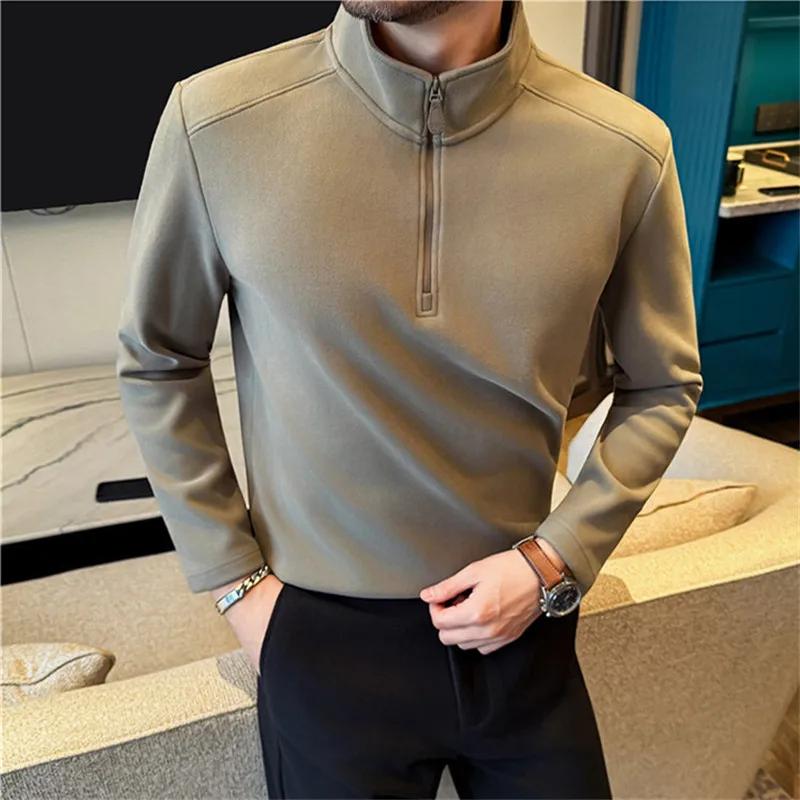 Autumn Winter Men's Thick Fleece Sweatshirts Solid Color Warm Half Zipper Pullover Tops Men Stand Collar Sports Full Sweatshirt
