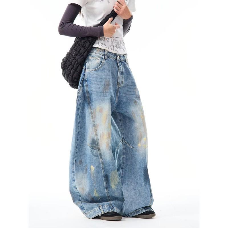 Vintage Distressed Graffiti Denim Pants Unisex Loose Wide Leg Trousers High Street Style
