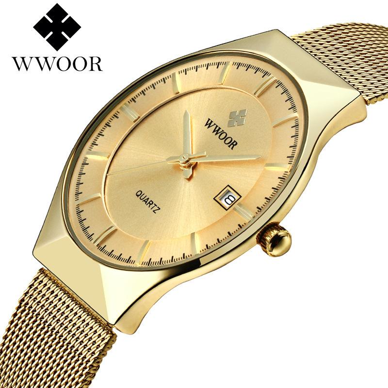 WWOOR Watch Men Luxury Ultra-thin Casual Mens Watch Blue Waterproof Stainless Steel Quartz Auto Date Fashion Mens Watches