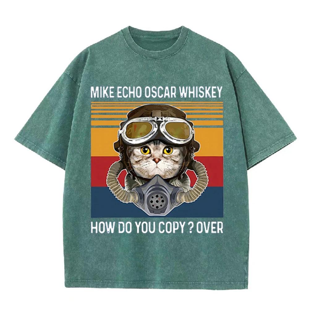2026 Vintage Pilot Cat Mike Echo Oscar Whiskey Graphic Washed T Shirt Retro Military Style Men Women Oversized Casual Streetwear
