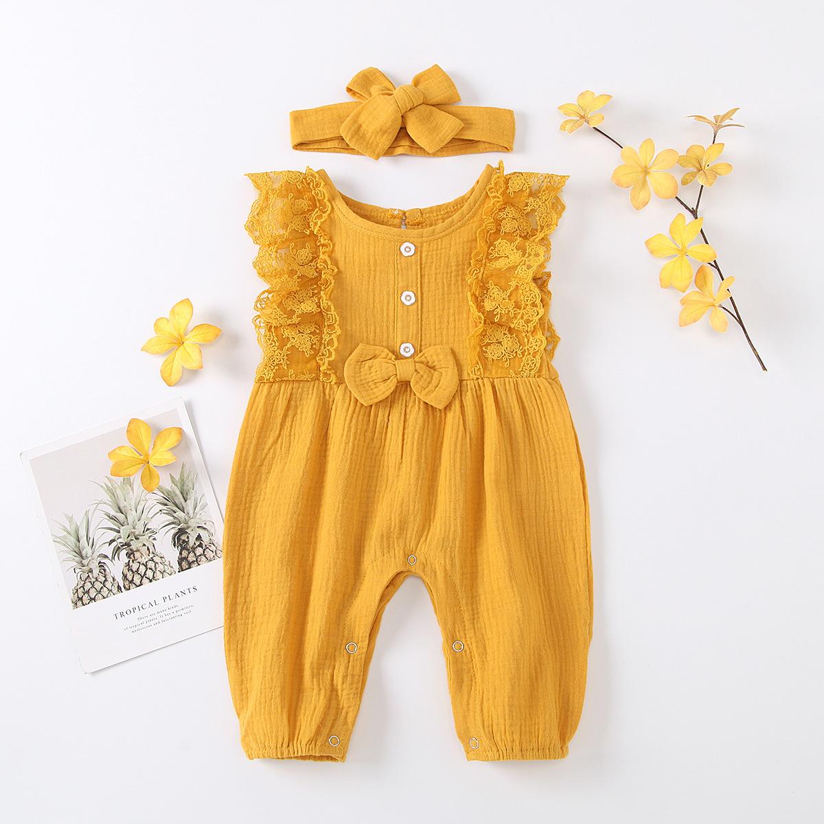 

0-18 Months Baby Girl Bodysuit Newborn Baby Girl Romper Sleeveless Jumpsuits+Headband Infant Girl Summer Fashion Playsuit Outfit 80 жовтий