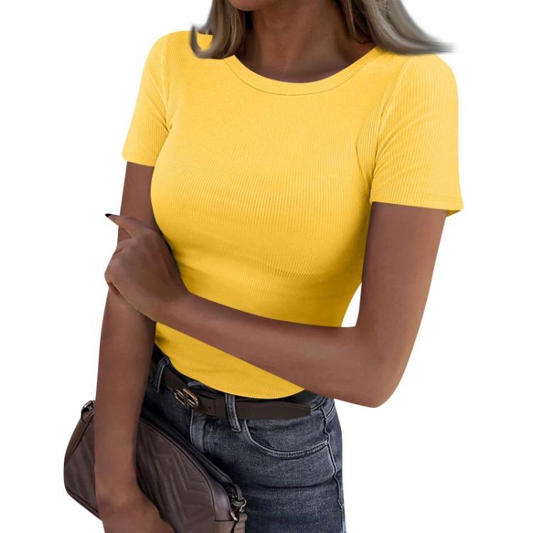 Fashion Ladies Slim Fit T-Shirt Casual Short Sleeve Round Neck Solid Color Pullover Top
