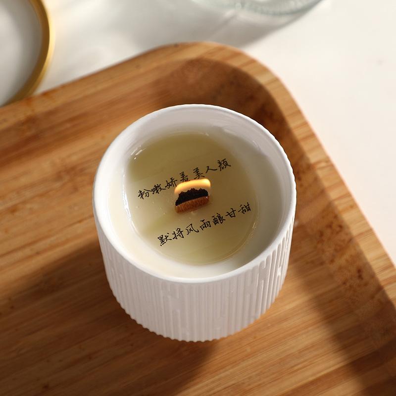 Handmade Soy Wax Vertical Striped Wood Core Ceramic Cup Scented Candle Creative High-end Scented Candle Ins Style