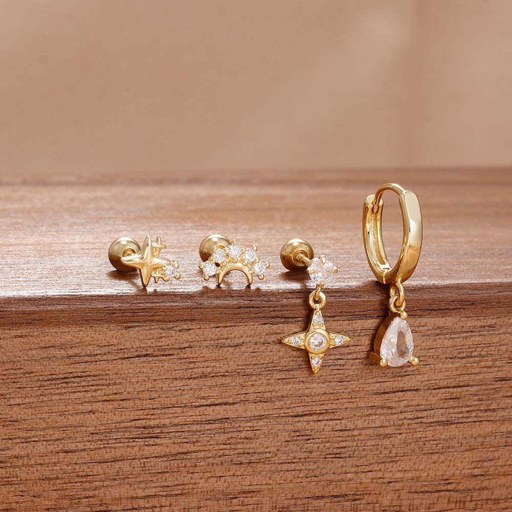 4PCS Luxury Star Moon Stainless Steel Zircon Stud Earrings Set For Women Simple Flower Earring Classic Huggie Daily Jewelry