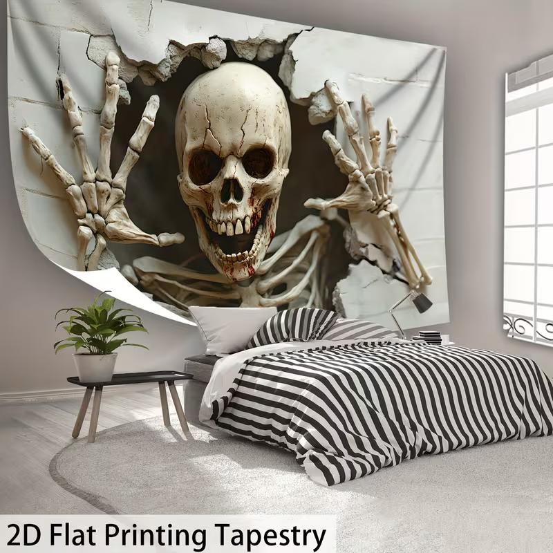 

2D Spooky Skeleton Tapestry for Halloween Scary Skull Breaking Wall Hanging for Living Room Bedroom 47.2x31.5inch/120*80cm