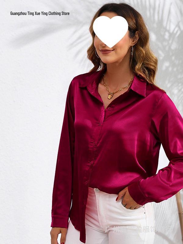 European & American Women's Long Sleeve Satin-Cotton Shirt - Solid Color, Spring & Autumn Bestseller