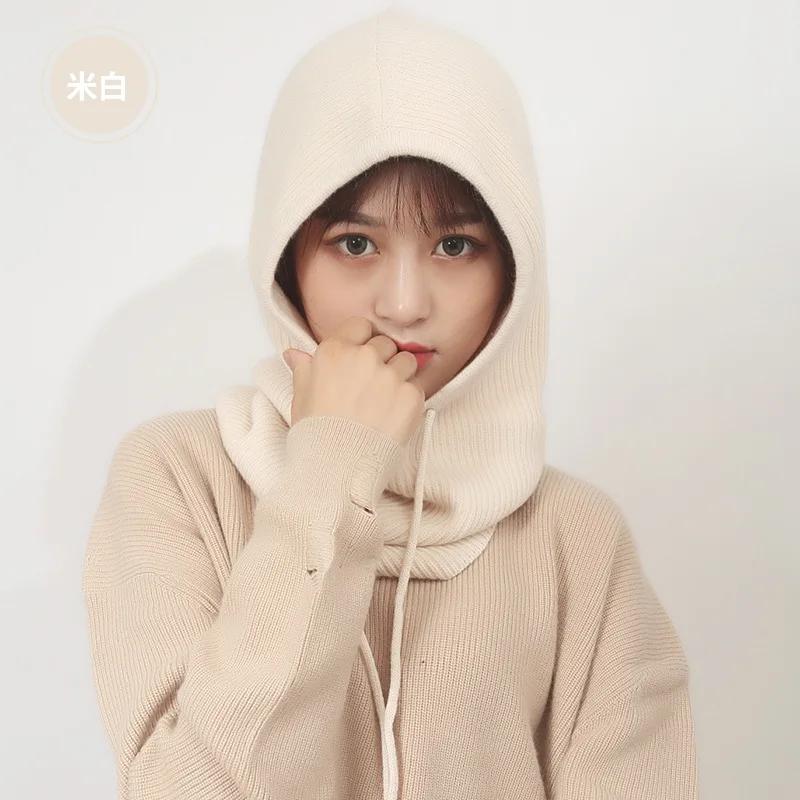 Women Winter Hat Female Knitted Hooded Scarf for Women Windproof Warm Windproof Wool Cap