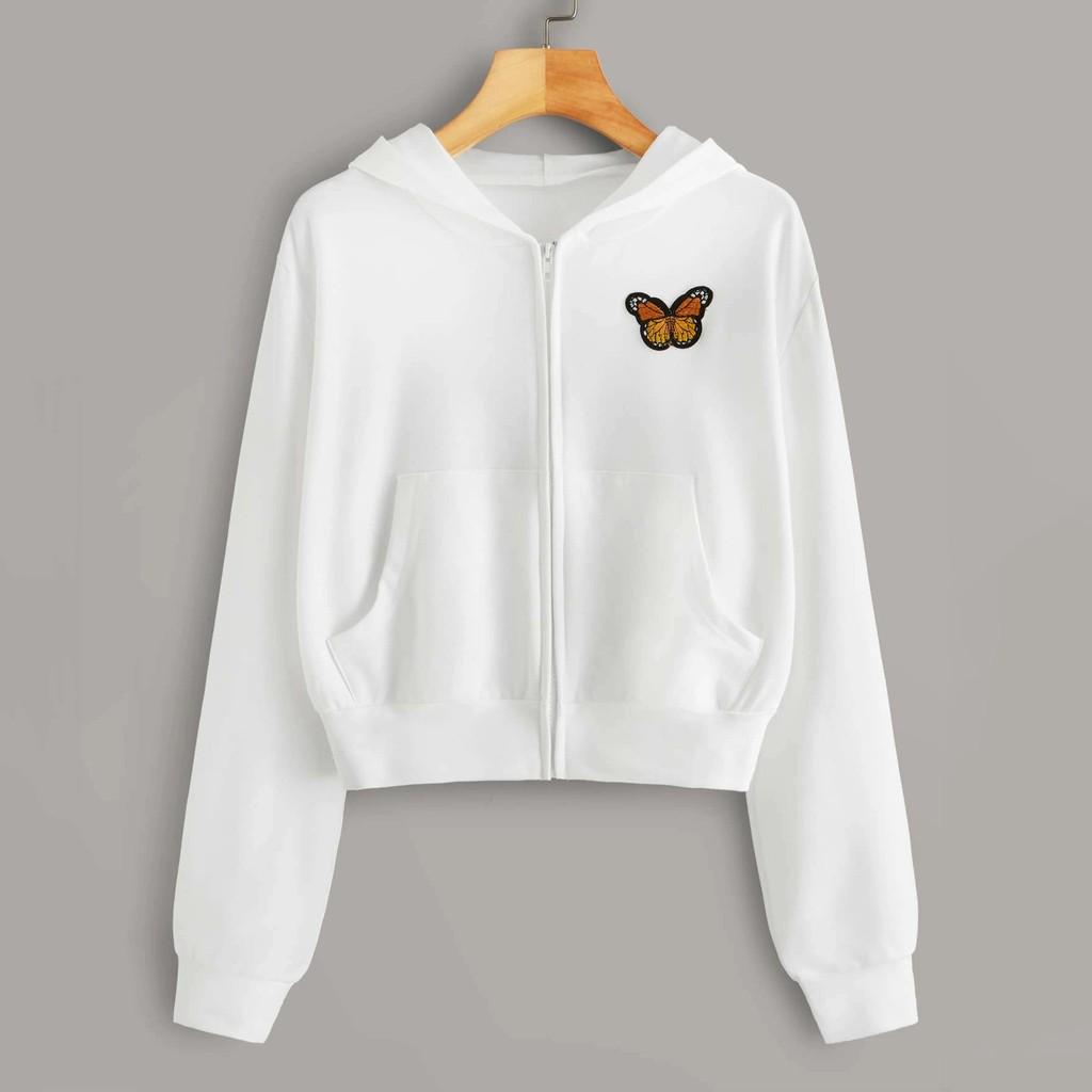Women Embroidery Butterfly Long Sleeve Zipper Pocket Shirt Hooded Sweatshirt Top