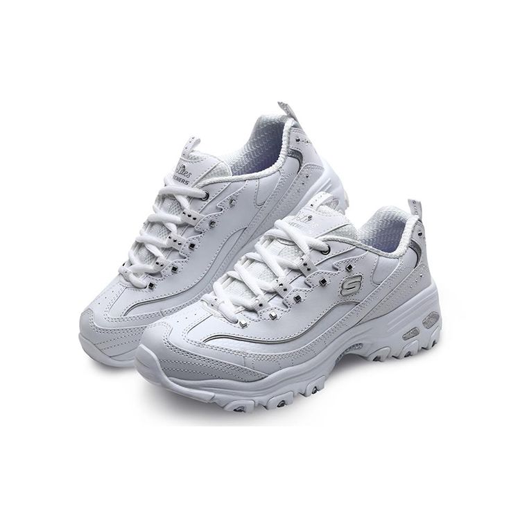 Skechers Zapatillas DLites 1.0 Panda Tendencia Deportiva Retro Versátiles Suela Gruesa Aumentan la Altura Caña Baja Zapatos Casuales Zapatillas de Mujer Plata Blanco 11979-WSL