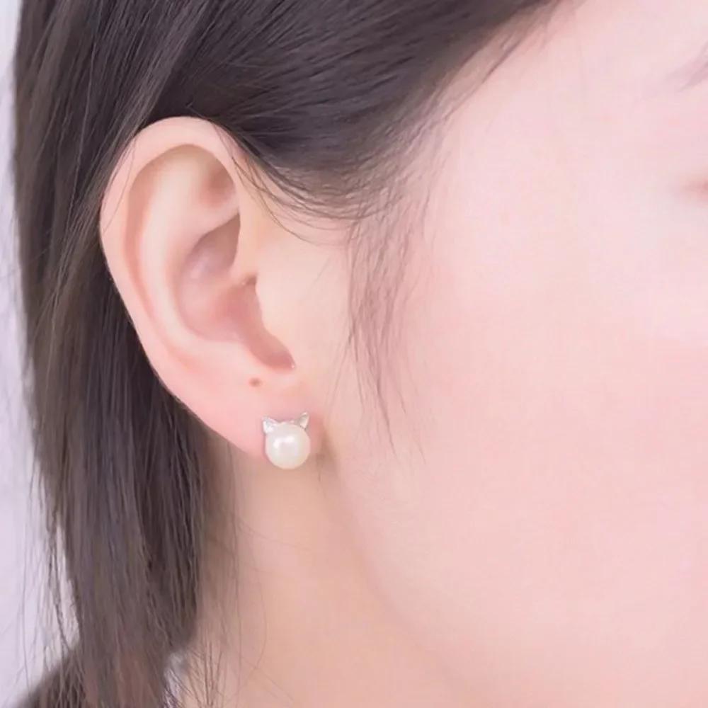 SUMENG 2025 Women's Fashion Little Cat Stud Earrings with Pearl Embellishment, Korean Style Jewelry Accessories for Travel