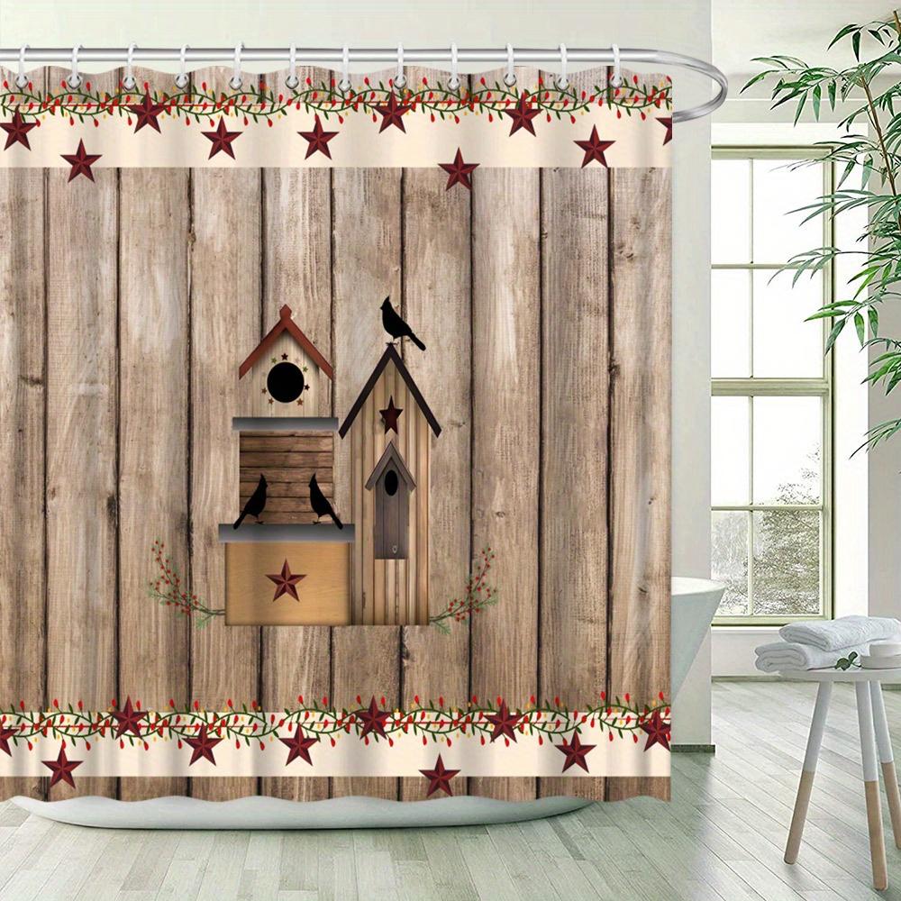Rustic Birdhouse Shower Curtain - Country-Style Red Stars & Green Vines, Includes 12 Hooks