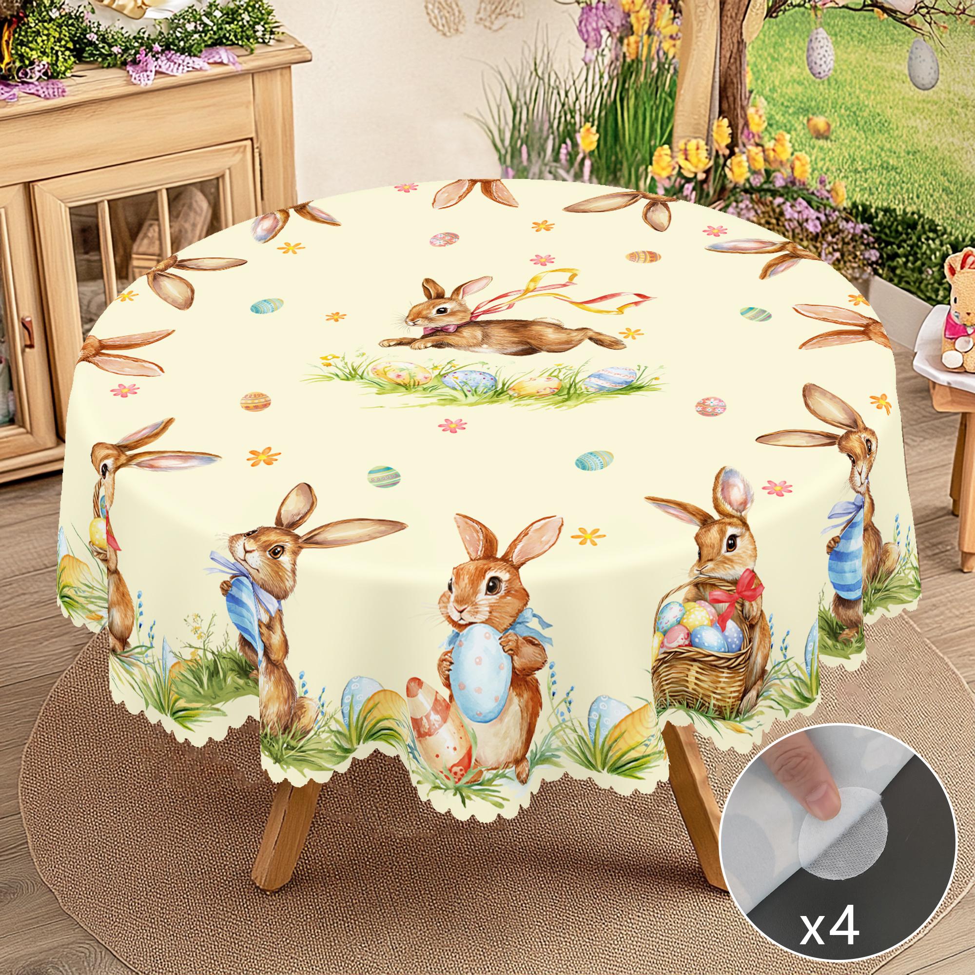 

1 Великодня Кругла Скатертина, Доступно 5 Розмірів, Мила Скатертина Квадратна з Принтом Великоднього Кролика та Яйця, Процес Тиснення Краю, Скатертина Весняний Сад Декора 152x152cm