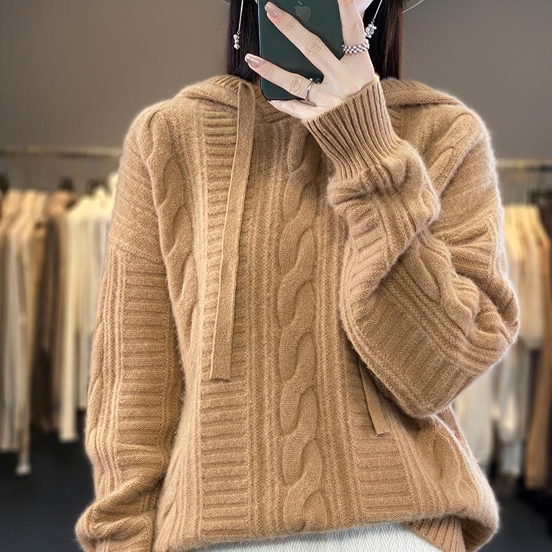 Women's Twisted Flower Cable Knit Wool Hoodie – Thick Pure Wool Sweater for Autumn/Winter