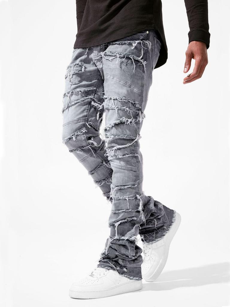 Jeans a zampa impilata da uomo Slim Fit Strappati Patch Usurati Distrutti Denim Retrò Pantaloni Hip Hop Street Pantaloni con Sovrapposizione Micro