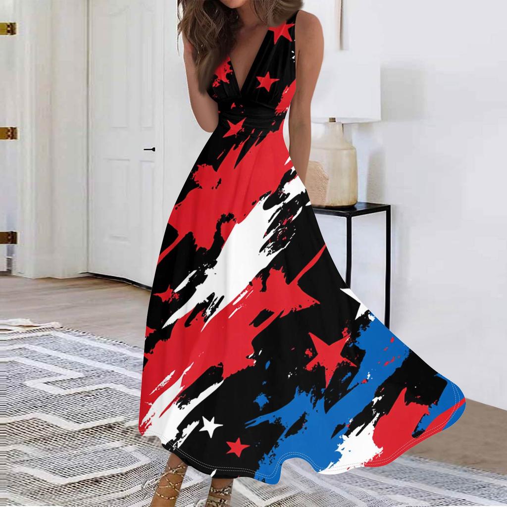 Abiti lunghi casual da donna, sciolti, con scollo a V, senza maniche, stampati per il Giorno dell'Indipendenza