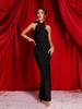 White Ribbon Floral Halter Long Red Evening Dress - European & American Style