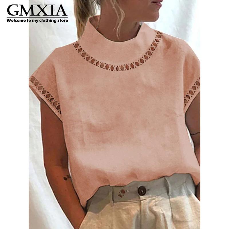 GMXIA Women's Fashion Casual Leisure Solid Color Print Short Sleeve Blouses & Shirts