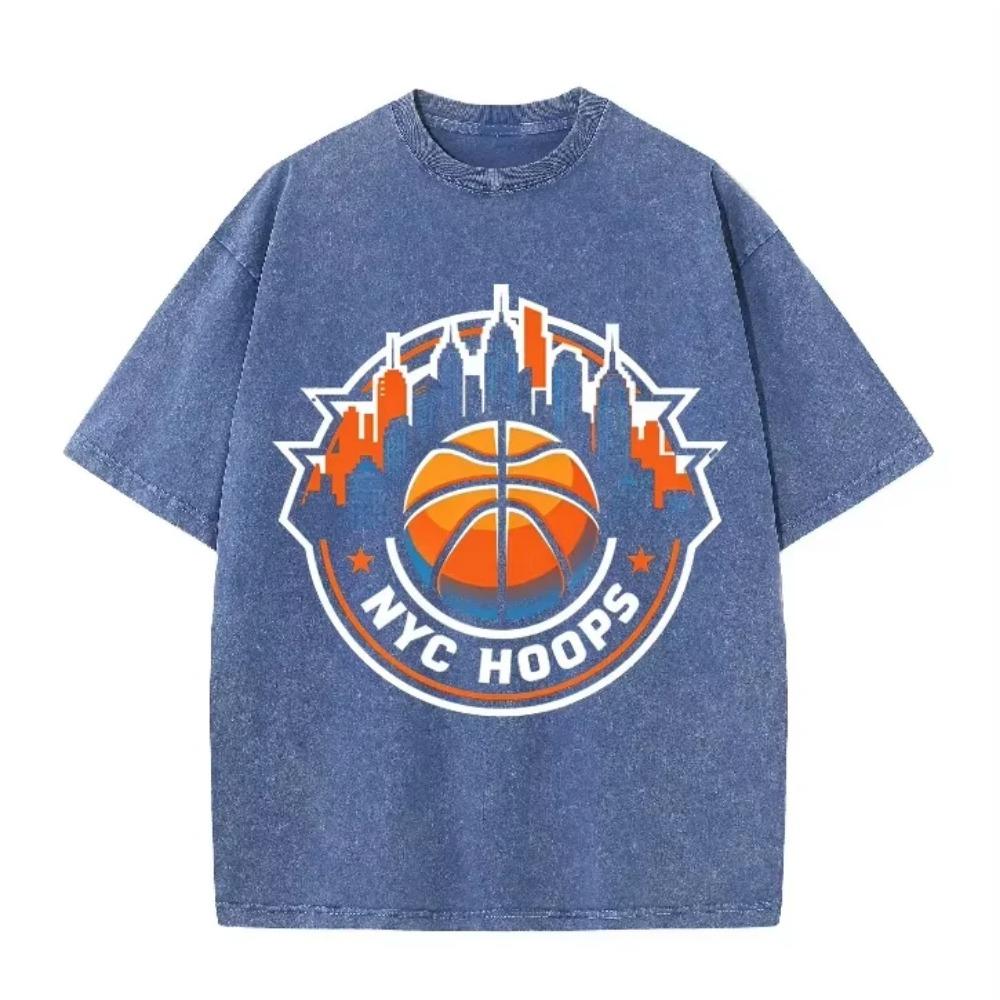 Vintage Washed Green Tshirt NYC Hoops New York Basketball Skyline Print Loose Short Sleeve Sports Casual
