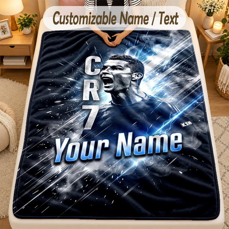 Flannel BlanketCristiano Ronaldo Custom Name Text Personalized Soft Warm Throw Blanket Home Decor Gift