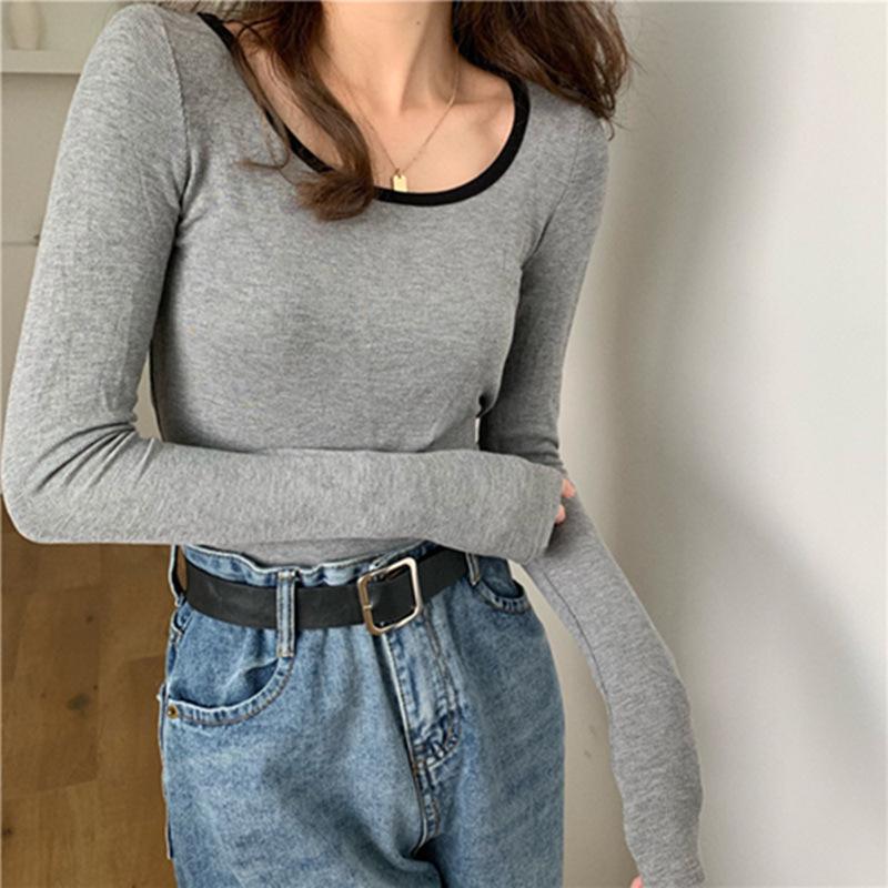 

2023 Early Autumn Slim Fit Long Sleeve Women s Clavicle T-shirt: Trendy Short Sweet & Spicy Student Top XL сірий колір