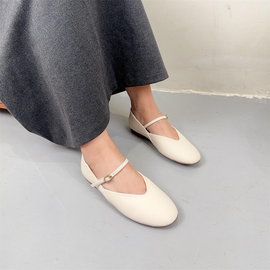 Johnature Handmade Genuine Leather Women's Shoes Retro Round Toe Soft Soled Belt Buckle Flat Shoes
