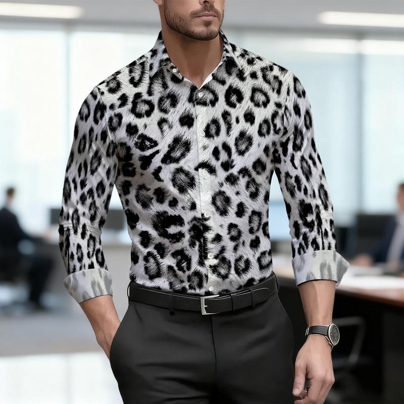 2026 Nuova Camicia da Uomo Personalità Retrò Stampa Leopardata Manica Lunga Business Slim Fit Tendenza Moda Top Casual da Uomo