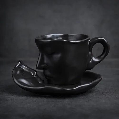 260ml European Style Bar Creative Gift Sculpture Couple Mug Exquisite Matte Ceramic Coffee Cup and Saucer Set