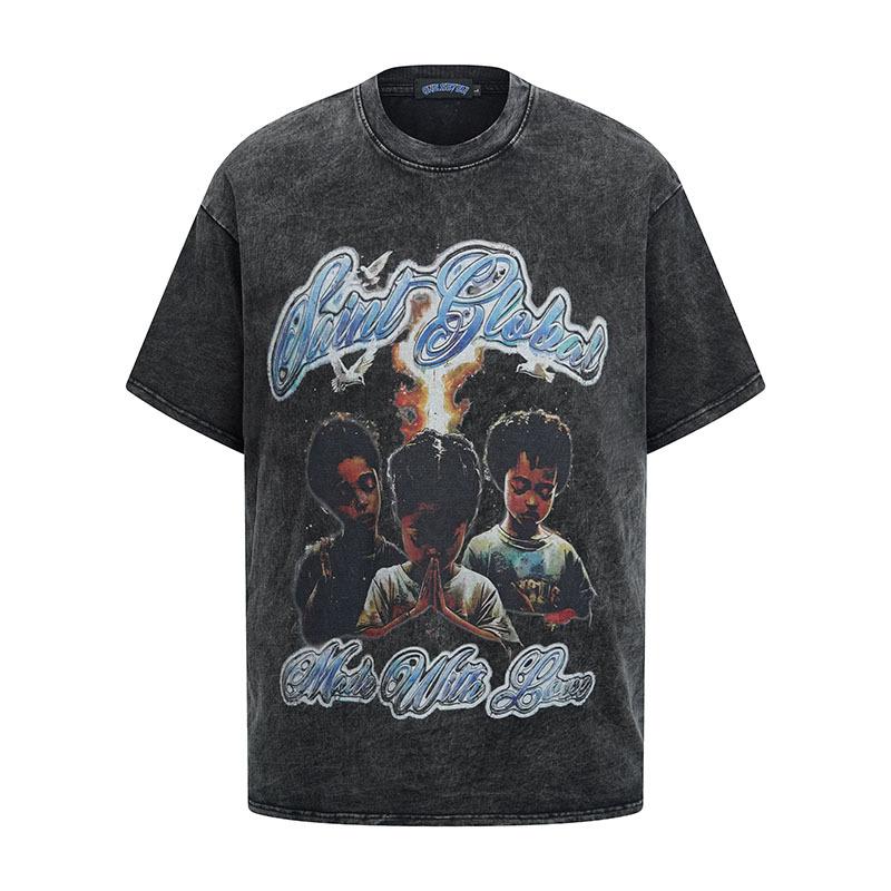 American Street Trend Men'S T-Shirt Hiphop Retro Doberman Print Loose Short-Sleeved Washed T-Shirt Men