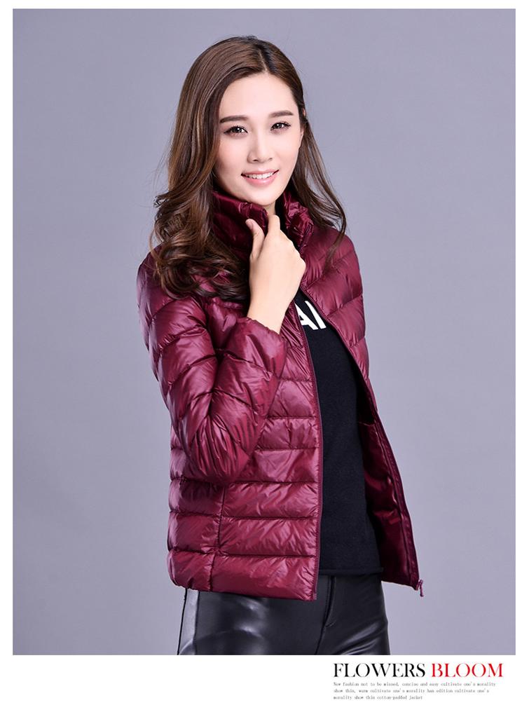 Women's Lightweight Slim Fit Down Jacket - Solid Color, Stand-Up Collar, Plus Size, Short Length