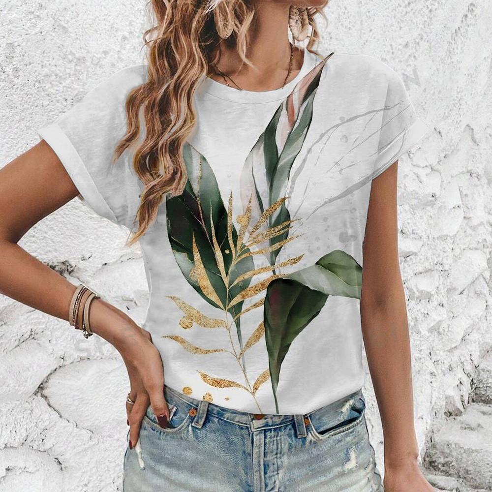 

Элегантная женская одежда Футболка с коротким рукавом Нежный цветочный принт Изысканная женская футболка с коротким рукавом Круглый вырез Комфортный топ 8XL