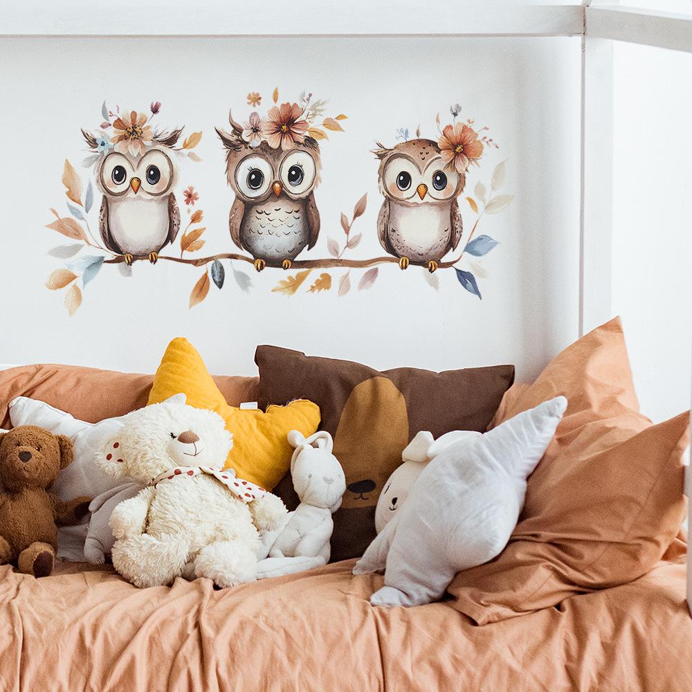 Cute Cartoon Owl On Branch Wall Stickers, Self-Adhesive Decor for Kids Bedroom Entryway Home Decoration