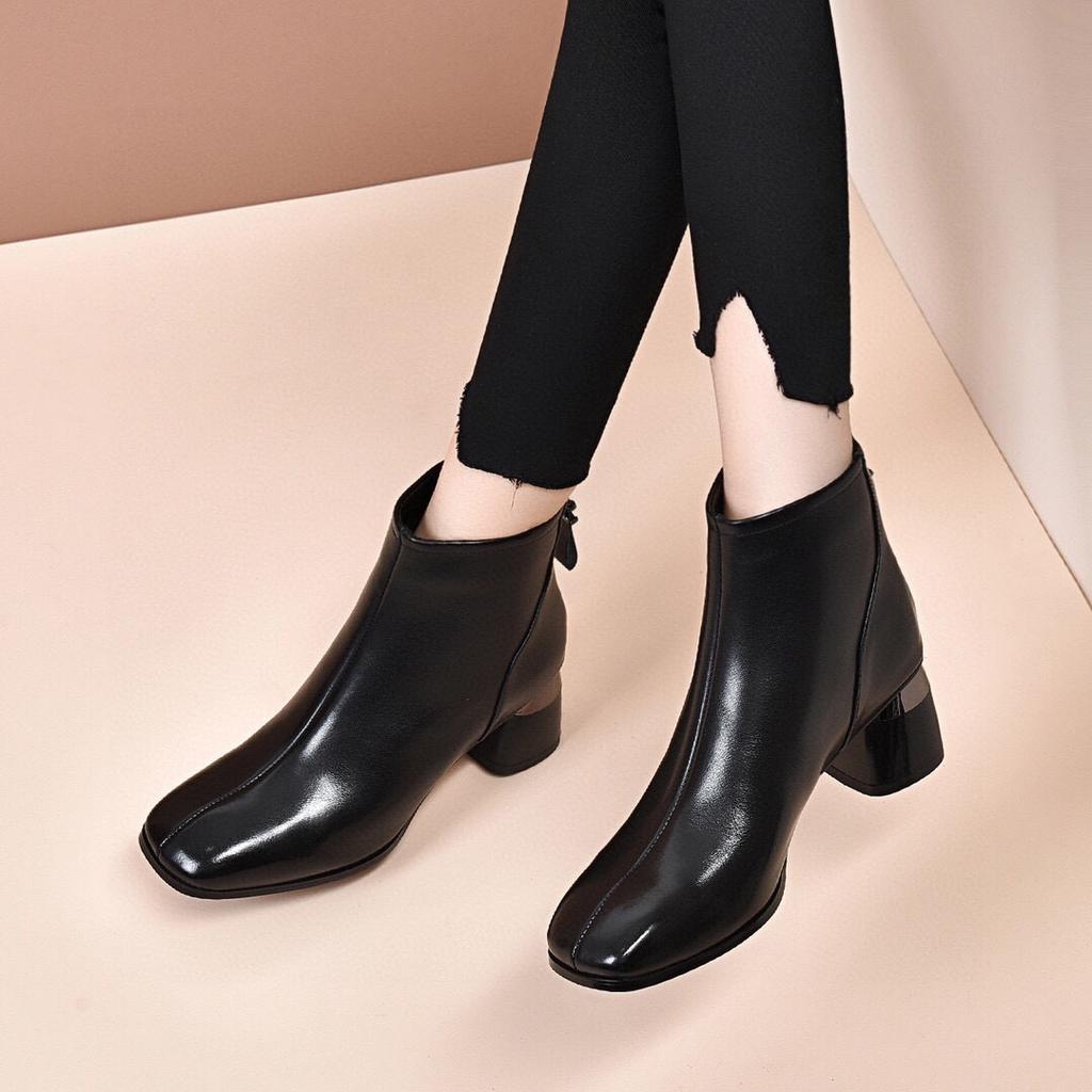 New Thick Heel Small Short Boots Versatile Spring and Autumn Single Boots Soft Sole Brown Square Head Autumn and Winter Velvet Women's Leather Shoes