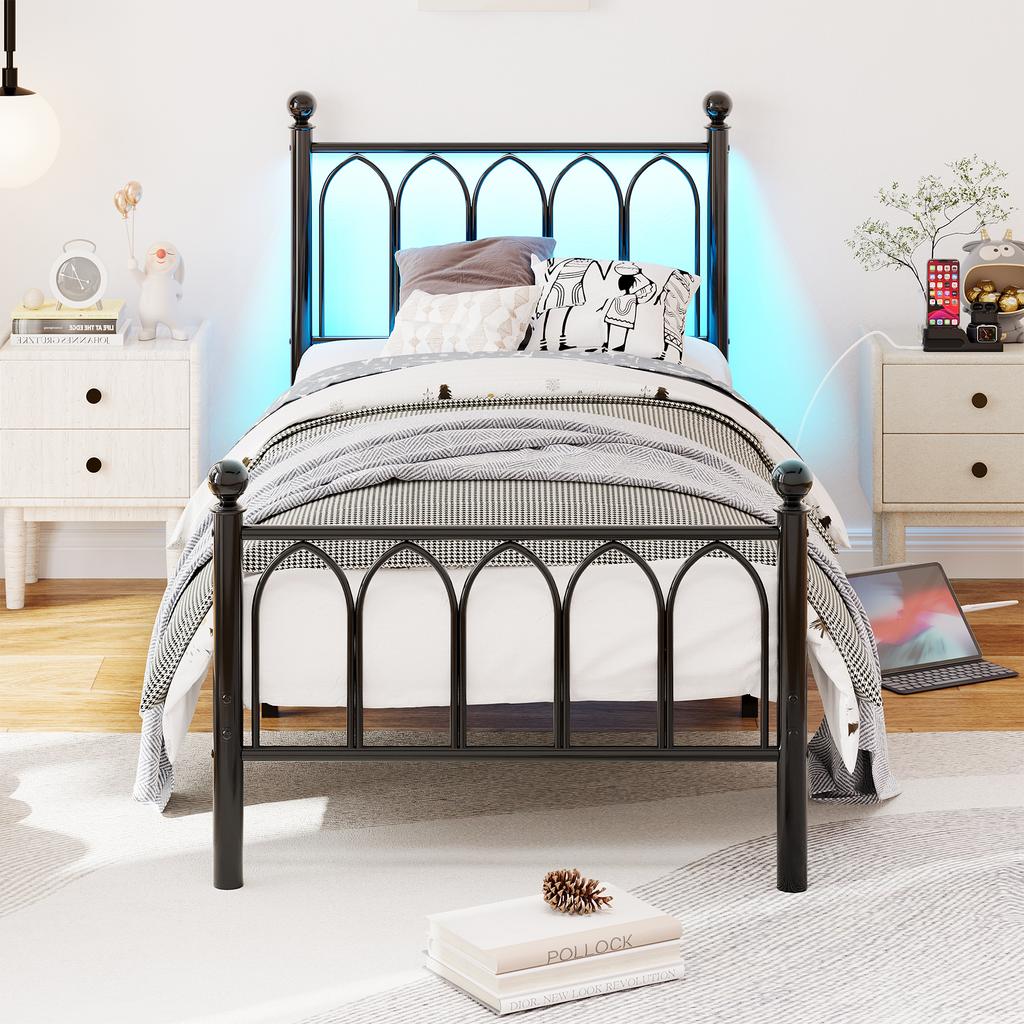 90x200cm Metal Bed Frame with Headboard and Footboard, USB Charging, LED, Steel Slat Support, Under-Bed Storage, No Box Spring Required, Black