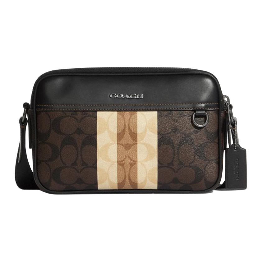 Coach Graham 25 Classic Monogram Striped Color Block Zipper Camera Bag Men Shoulder Bag Black Dark-Brown C9965-QBMAA
