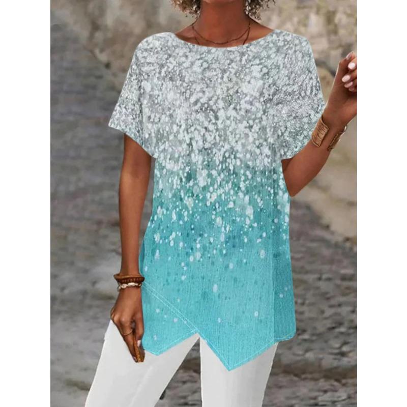 Haut Tunique Ample à Manches Courtes et Imprimé Géométrique Abstrait à Ourlet Irrégulier pour Femme Blouse Décontractée