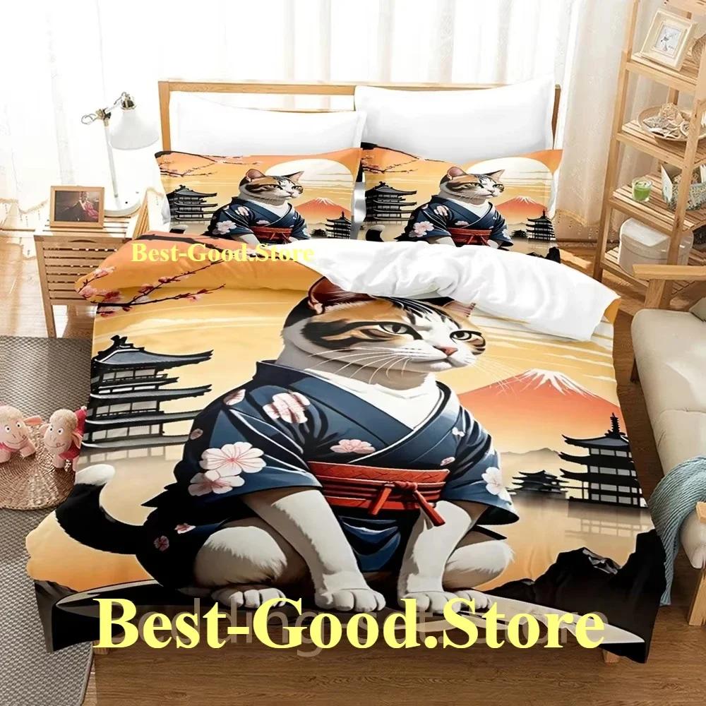 COOL Samurai Cat Bedding Set Duvet Cover Full Queen King Size Pillowcase Bed Printed Bed Set Aldult Kid Bedroom Single Twin