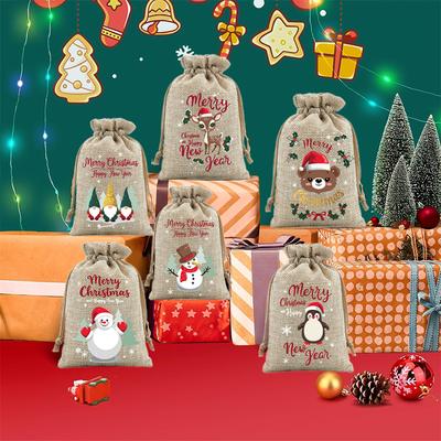 6 Stück Kleine Weihnachts-Jutesäcke mit Kordelzug, Jute-Geschenktüten Weihnachts-Leckereiensäcke Geschenkverpackungsbeutel