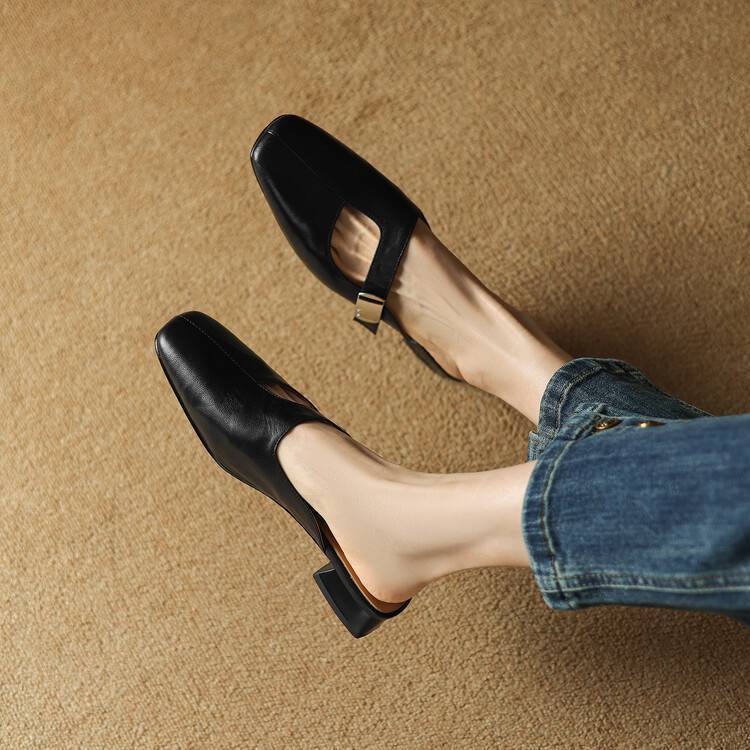 Slippers Women's Xiaoxiangfeng New Soft Leather Bag Head Half Slippers Women's Summer Wear Medium Heel Versatile Square Head High Heels Sandals