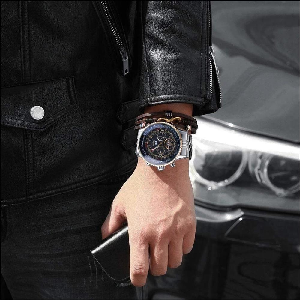 JARAGAR Top Watch Duża tarcza Tuber Flywheel Mechaniczny zegarek męski Moda Casual Biznes Stalowy pasek