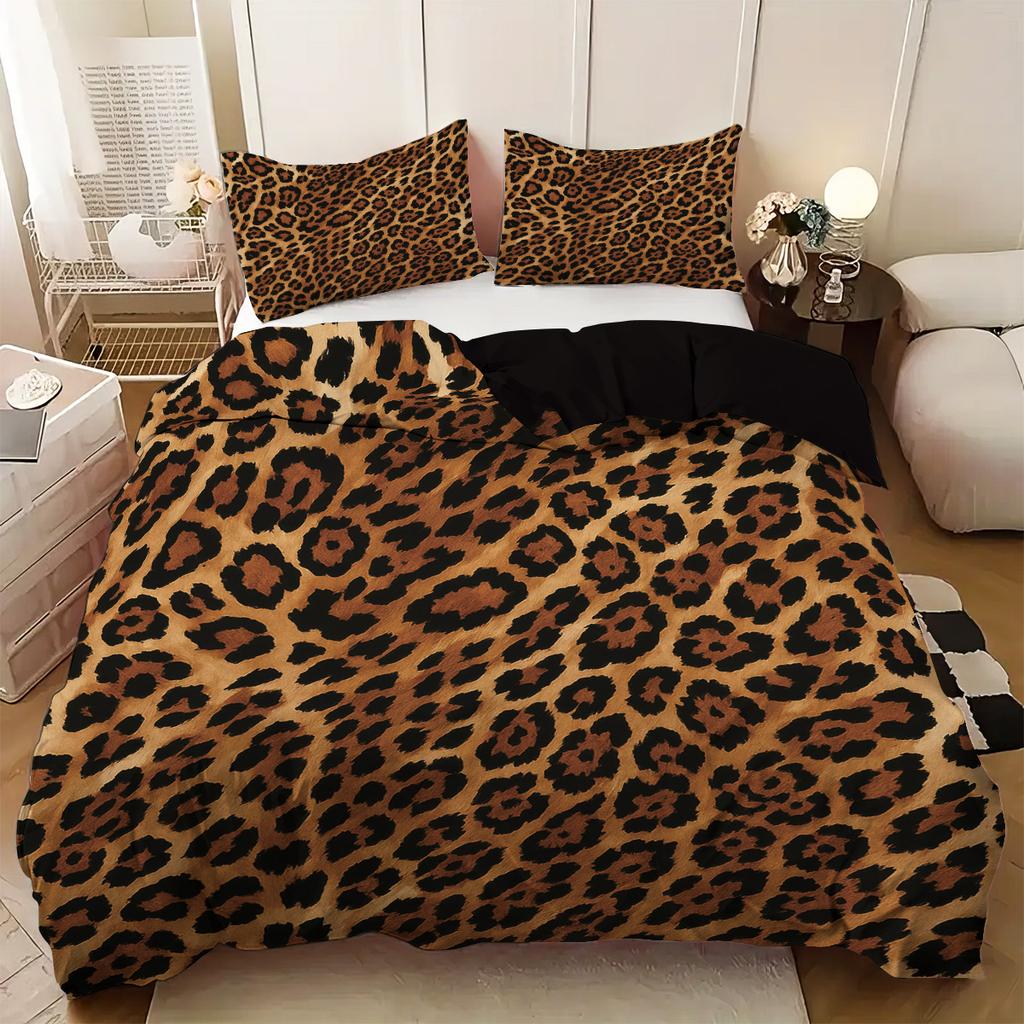 3Pcs Brown Leopard Print Pattern Duvet Cover Set, 1 Duvet Cover+2 Pillowcases, Coreless, Soft And Comfortable Bedding Set
