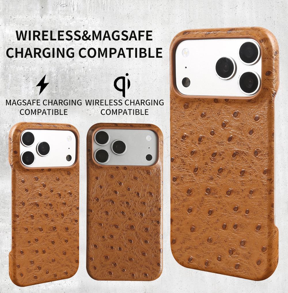 For Magsafe Ostrich Genuine Leather Case For iphone 17 Pro Max Air 17e 16 16e 15 14 Plus 13 Mini 12 11 Back Cover Cases Coque
