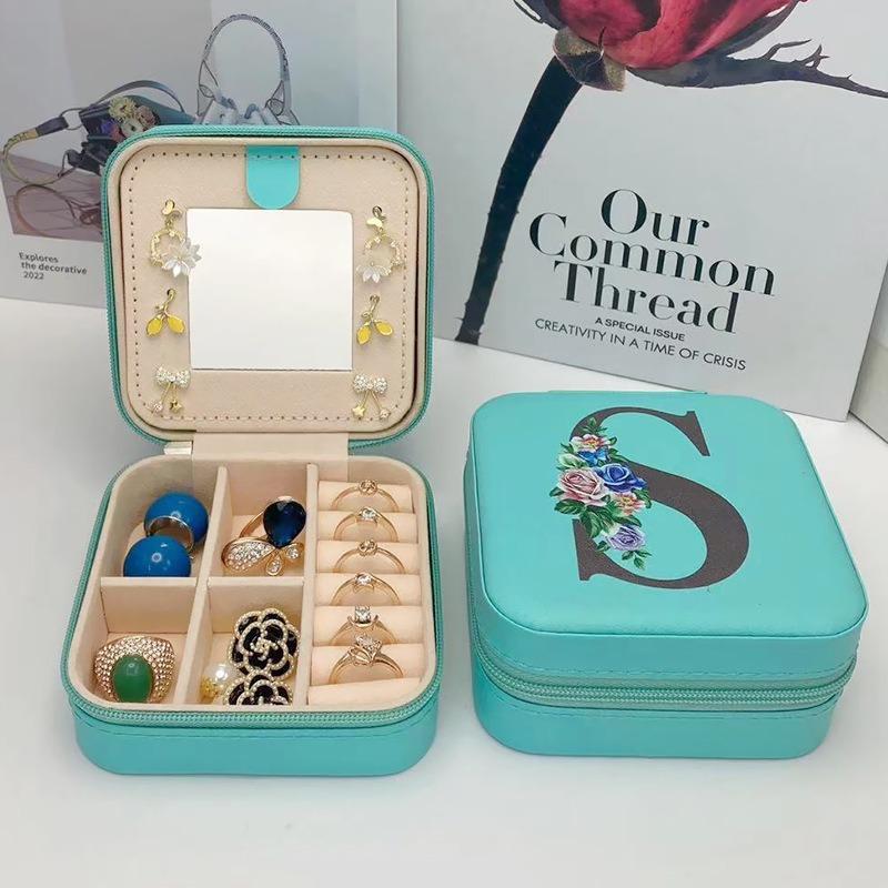 PU Leather Jewelry Box Mirror Storage Box 26 Letter Printed Portable Jewelry Organizer Earring Ring Necklace Case