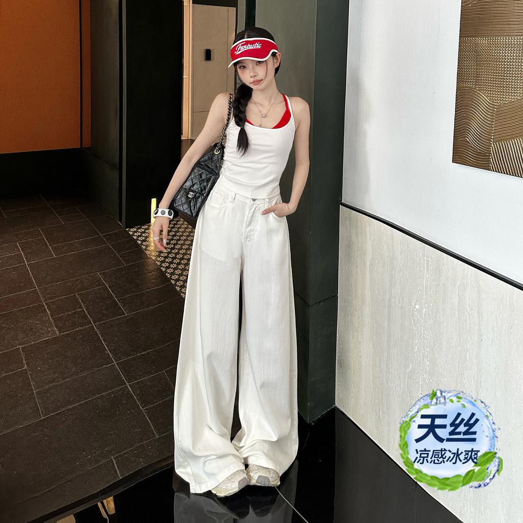 Lyocell Tencel White High-waisted Wide-leg Jeans Women's New Versatile Loose Drape Cool Floor Pants