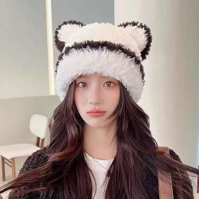 Big head circumference plush hat women's autumn and winter thickened warm stripes contrasting color knitted hat cute bear ears wool hat