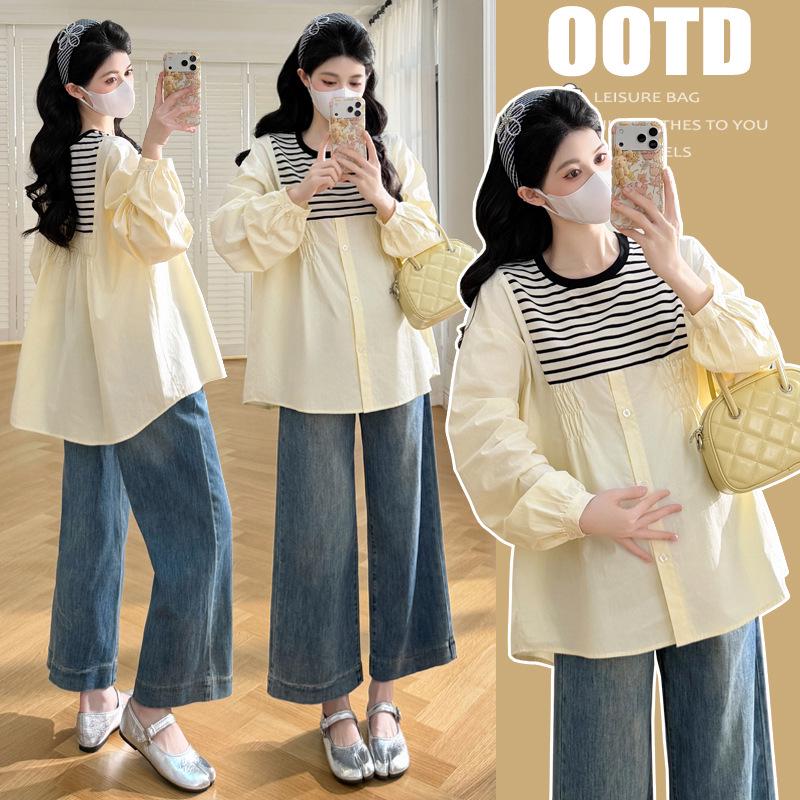 2026 Spring Korean Style Faux Two-Piece Maternity Patchwork Shirt 2XL