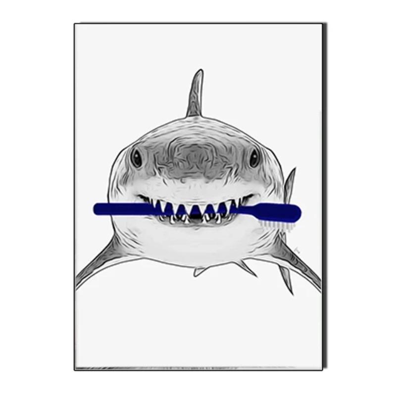 Raccoon Shark Giraffe Parrot Lion Brushing Teeth Canvas Painting Bathroom Wall Art Poster Toilet Decor Shower Room Decoration