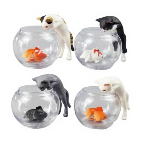 

4 Pcs Cute Cat And Goldfish in Fish Tank Figurine Small Aquarium Animal Ornament for Home Desktop Decoration 4pcs