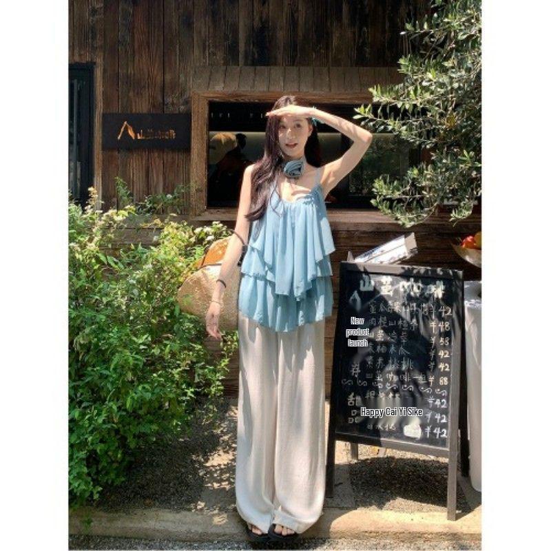 Sweet & Spicy Layered Camisole: Women s Summer Slimming White Chic Top Small синий