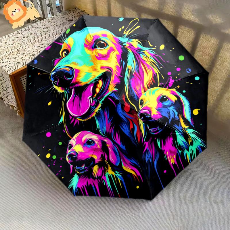 1 PC Automatic Folding Umbrella - Colorful Dogs Artwork Pattern, Portable & Foldable Design with 8 Ribs, Christmas Birthday Gifts