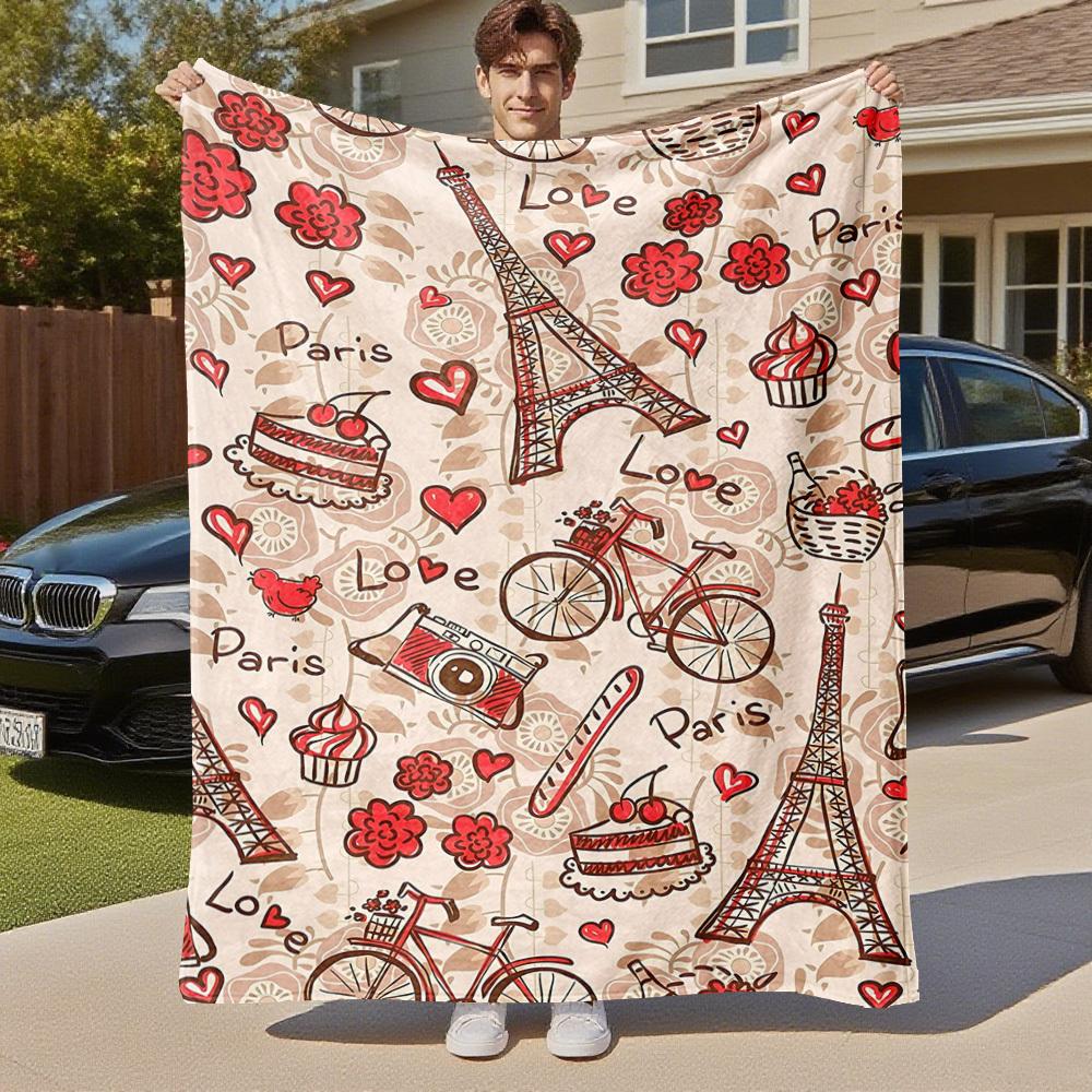 1pc Paris Love Outdoor Flannel Blanket Soft Warm All-Season Throw for Sofa Bed Car Camping Office, Cozy Gift Idea1213S